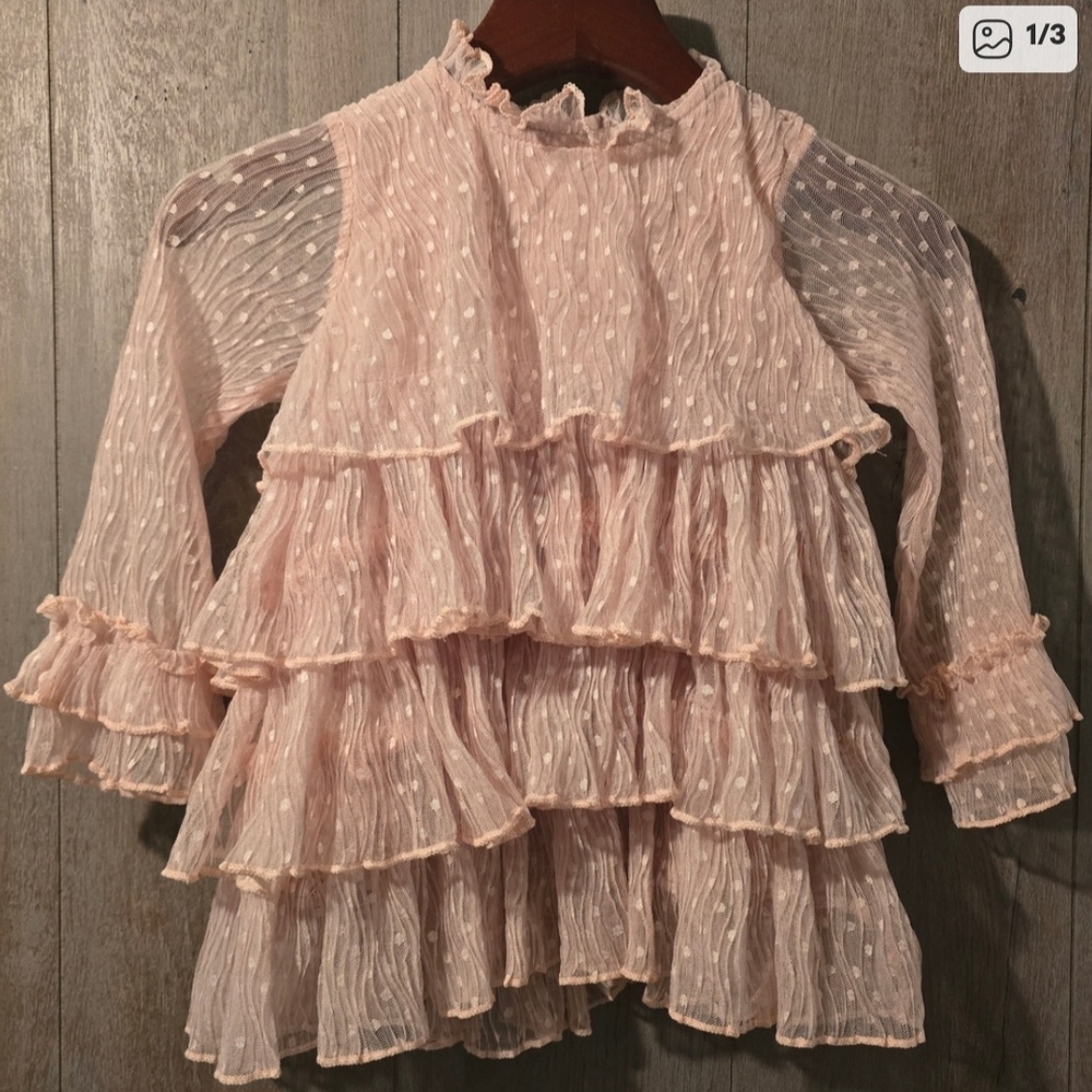 Light Pink Ruffled Long Sleeve Blouse White Polka Dot